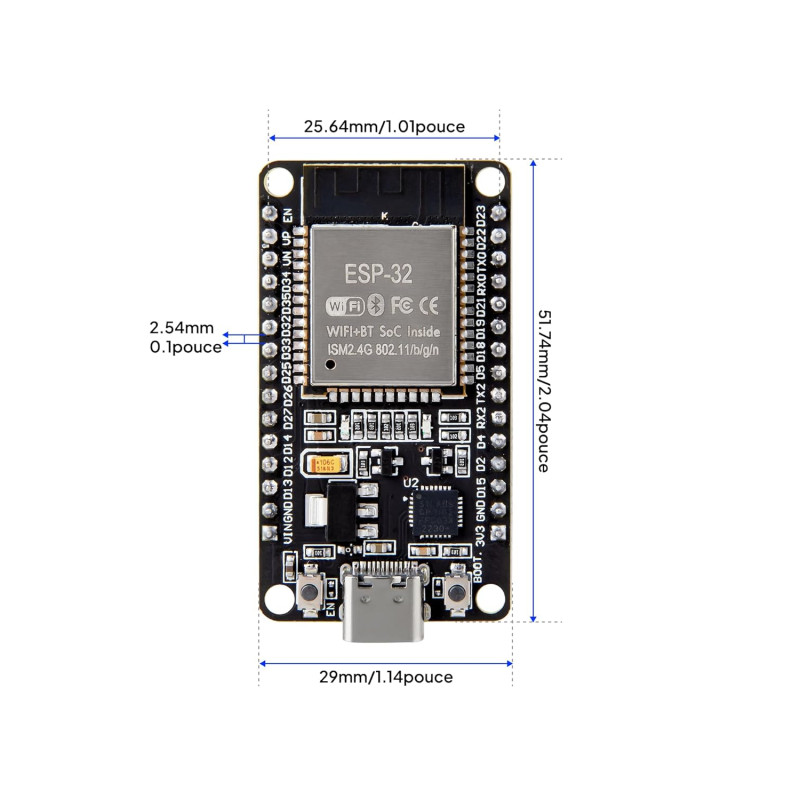 CARTE DE DEVELOPPEMENT ESP32 WIFI + BLUETOOTH ESP32 - rer electronic