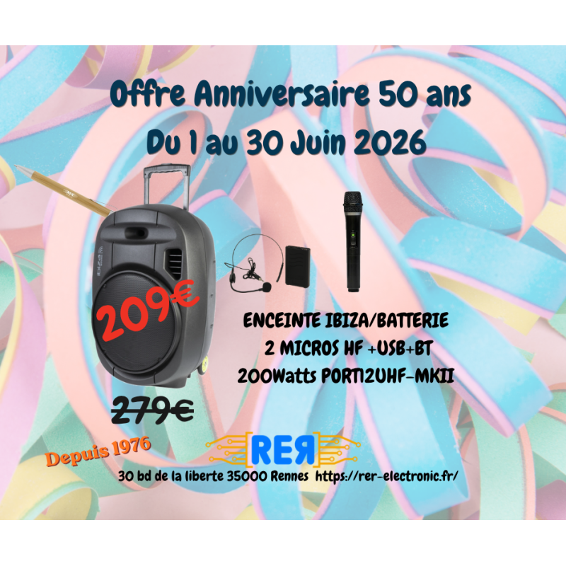 ENCEINTE IBIZA BATTERIE 2 MICRO HF +USB PORT12UHF-MKII TWS PORT12UHFMK2 - rer electronic