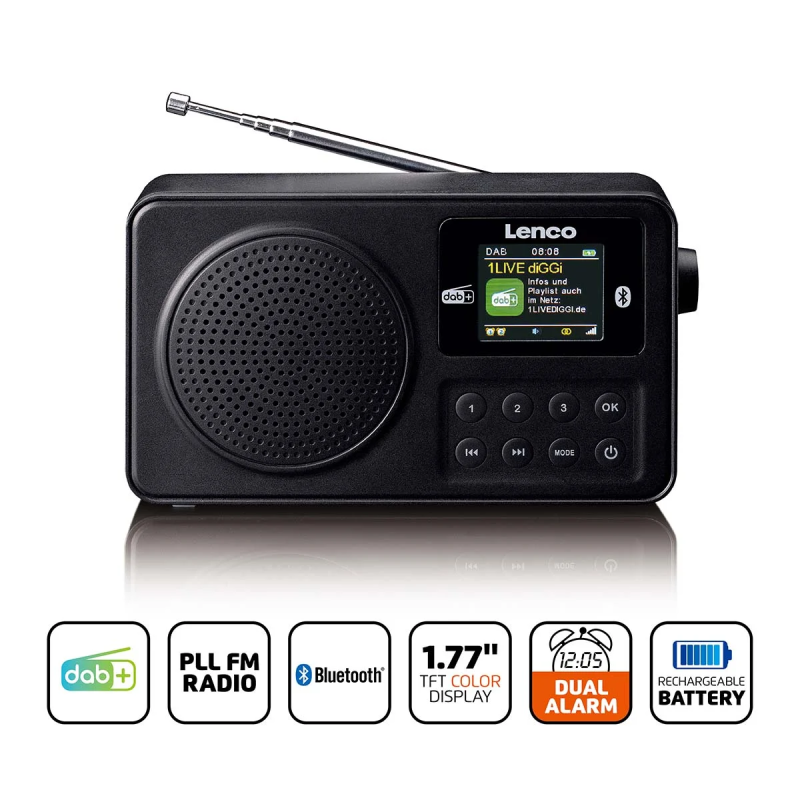 Radio portable DAB+/FM Lenco avec Bluetooth® Noir PDR-033BK - rer electronic